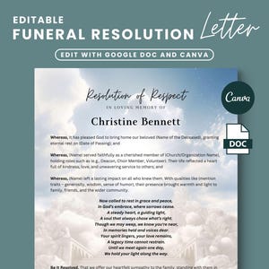 Carta de resolución de funeral, resolución conmemorativa, en memoria amorosa, plantilla de carta de servicio conmemorativo, plantilla de funeral de la iglesia, poema fúnebre