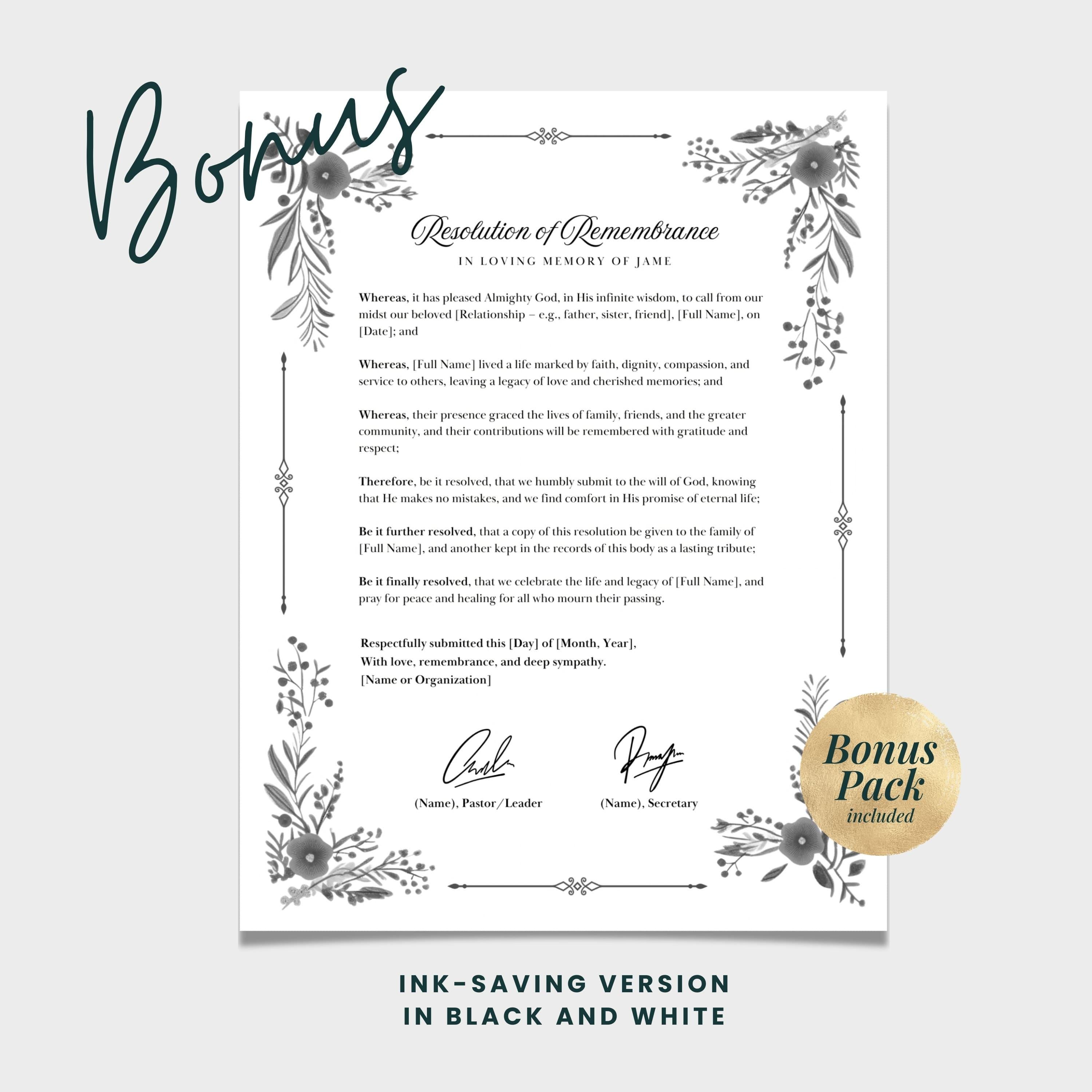 Funeral Resolutions for Black Churches, Memorial Resolution, in Loving ...