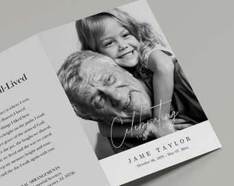Sjabloon begrafenisprogramma, afdrukbare overlijdensadvertentie, uitnodiging viering van het leven, herdenkingskaarten, dubbelgevouwen programma's, 022
