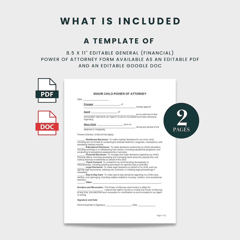 Minor Agreement.pdf Printable Minor Child Power of Attorney Template, Parental Power of ...