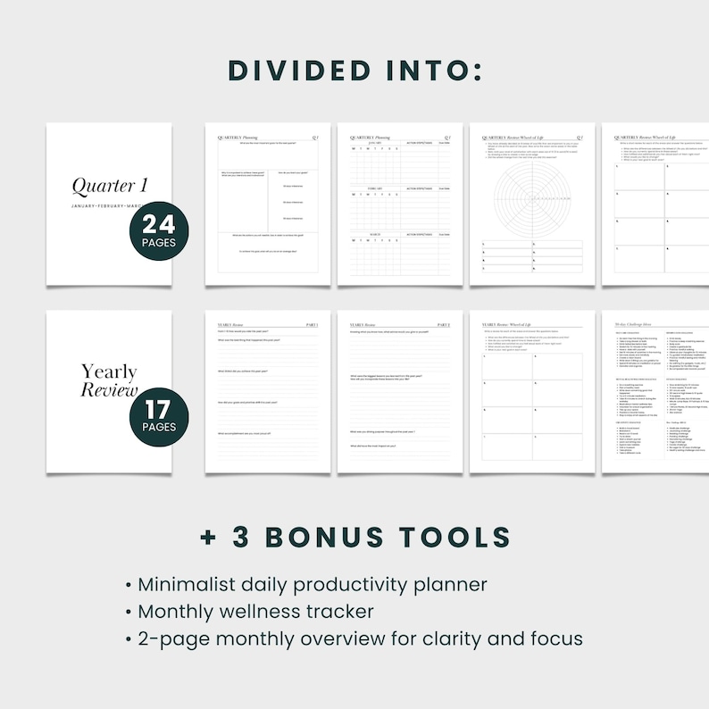 May include: A printable planner divided into four quarters, with a yearly review section. It includes 24 pages for each quarter and 17 pages for the yearly review. The planner also includes three bonus tools: a minimalist daily productivity planner, a monthly wellness tracker, and a two-page monthly overview for clarity and focus.