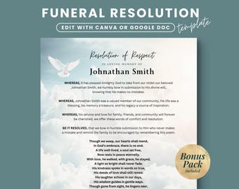 Carta de resolución para funeral, Resolución conmemorativa, En memoria de un ser querido, Plantilla de carta para servicio conmemorativo, Plantilla para funeral en la iglesia, Poema funerario