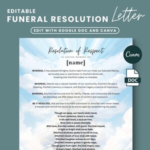 Carta de resolución de funeral, resolución conmemorativa, en memoria amorosa, plantilla de carta de servicio conmemorativo, plantilla de funeral de la iglesia, poema fúnebre