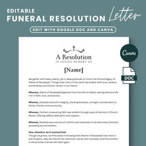 Carta de resolución de funeral, resolución conmemorativa, en memoria amorosa, plantilla de carta de servicio conmemorativo, plantilla de funeral de la iglesia, poema fúnebre