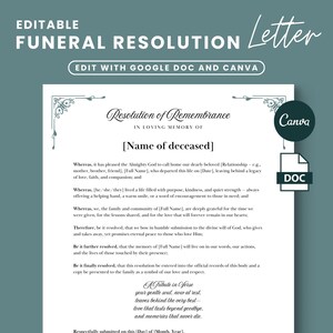 Carta de resolución de funeral, Resolución conmemorativa, En memoria amorosa, Plantilla de carta de servicio conmemorativo, Plantilla de funeral de iglesia, Carta de duelo