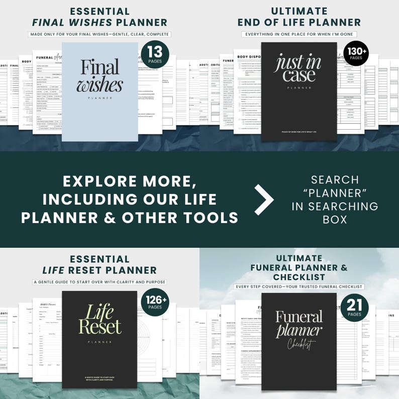 May include: A collage of four different planner covers, each with a different title and page count. The titles are "Essential Final Wishes Planner", "Ultimate End of Life Planner", "Essential Life Reset Planner", and "Ultimate Funeral Planner & Checklist". The page counts are 13, 130+, 126+, and 21.