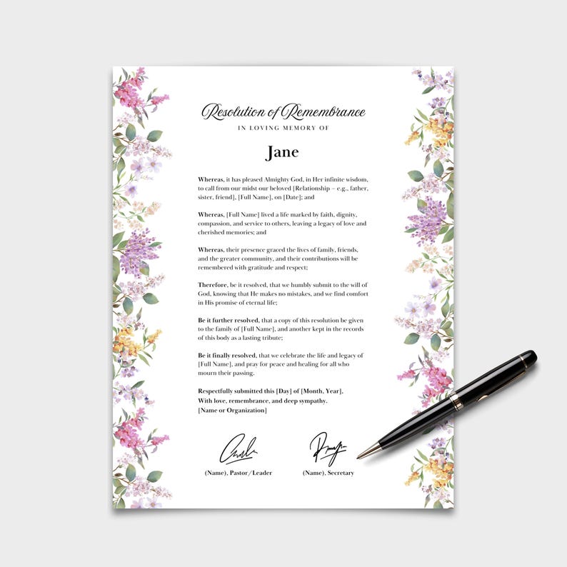 Funeral Resolutions for Black Churches, Memorial Resolution, in Loving ...