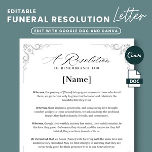Carta de resolución de funeral, resolución conmemorativa, en memoria amorosa, plantilla de carta de servicio conmemorativo, plantilla de funeral de la iglesia, poema fúnebre