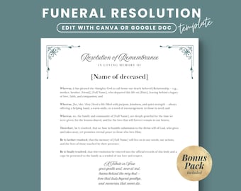 Funeral Resolution Letter, Memorial Resolution, In Loving Memory, Memorial Service Letter Template, Church Funeral Template, Grieving Ltter