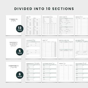 Puede incluir: Un conjunto de diez plantillas de planificaci&oacute;n financiera, cada una dise&ntilde;ada para diferentes aspectos de las finanzas personales. Las plantillas incluyen secciones para asuntos financieros, deudas, tarjetas de cr&eacute;dito y activos. La imagen tambi&eacute;n muestra el n&uacute;mero de p&aacute;ginas para cada secci&oacute;n.