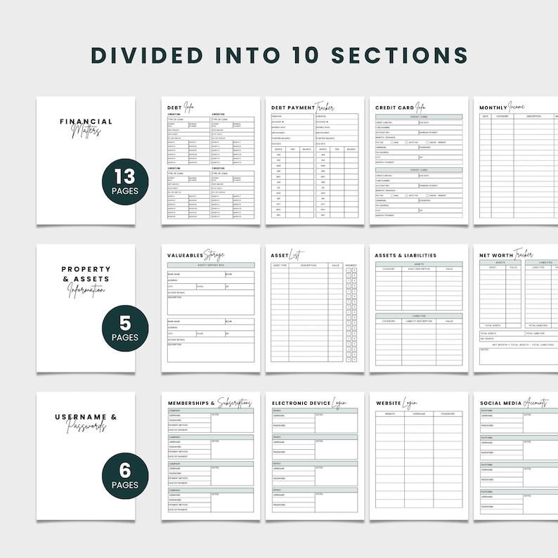 Puede incluir: Un conjunto de diez plantillas de planificaci&oacute;n financiera, cada una dise&ntilde;ada para diferentes aspectos de las finanzas personales. Las plantillas incluyen secciones para asuntos financieros, deudas, tarjetas de cr&eacute;dito y activos. La imagen tambi&eacute;n muestra el n&uacute;mero de p&aacute;ginas para cada secci&oacute;n.