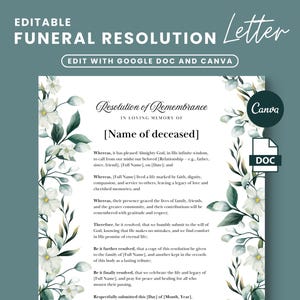 Carta de resolución de funeral, Resolución conmemorativa, En memoria amorosa, Plantilla de carta de servicio conmemorativo, Plantilla de funeral de iglesia, Carta de duelo