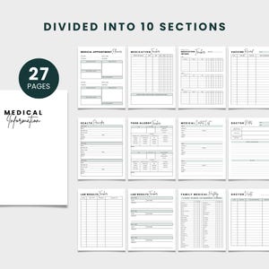 Puede incluir: Un planificador de informaci&oacute;n m&eacute;dica con 27 p&aacute;ginas, dividido en 10 secciones. El planificador incluye secciones para citas m&eacute;dicas, medicamentos, salud, alergias alimentarias y resultados de laboratorio. La portada presenta las palabras "Medical Information".