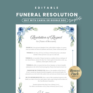 May include: A funeral resolution template with a floral design in shades of blue. The text reads "Funeral Resolution" and "Resolution of Respect." The template is editable with Canva or Google Docs. A bonus pack is included.