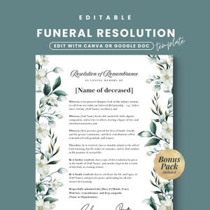Funeral Resolution Letter, Memorial Resolution, In Loving Memory, Memorial Service Letter Template, Church Funeral Template, Grieving Ltter
