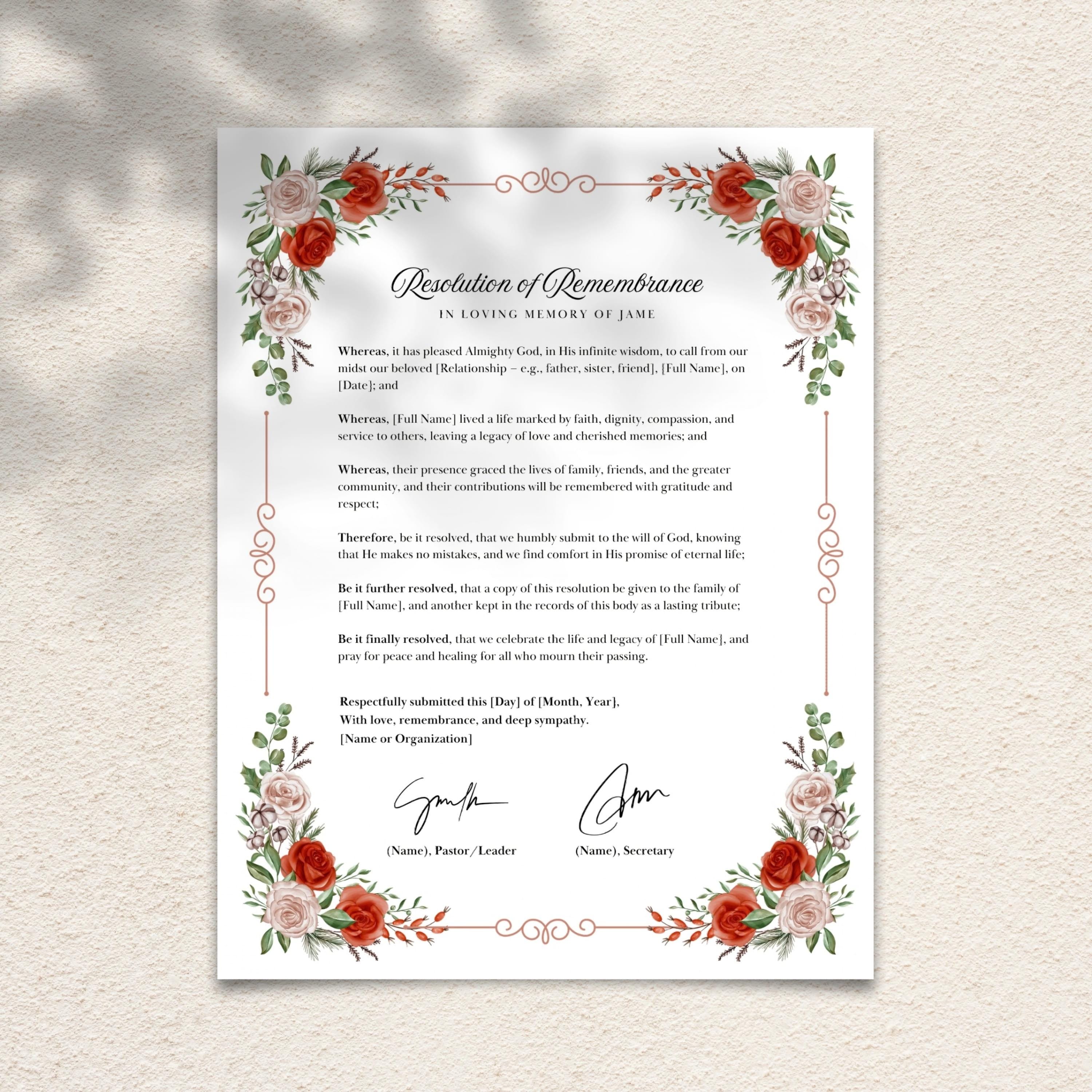 Funeral Resolutions for Black Churches, Memorial Resolution, in Loving ...