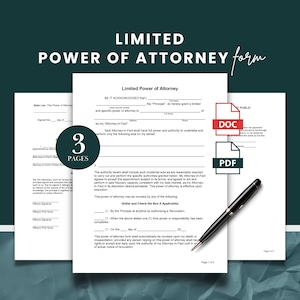May include: A Limited Power of Attorney form with the text "Limited Power of Attorney" at the top. The document is white with black text and a black pen. The image also includes a "DOC" and "PDF" icon.