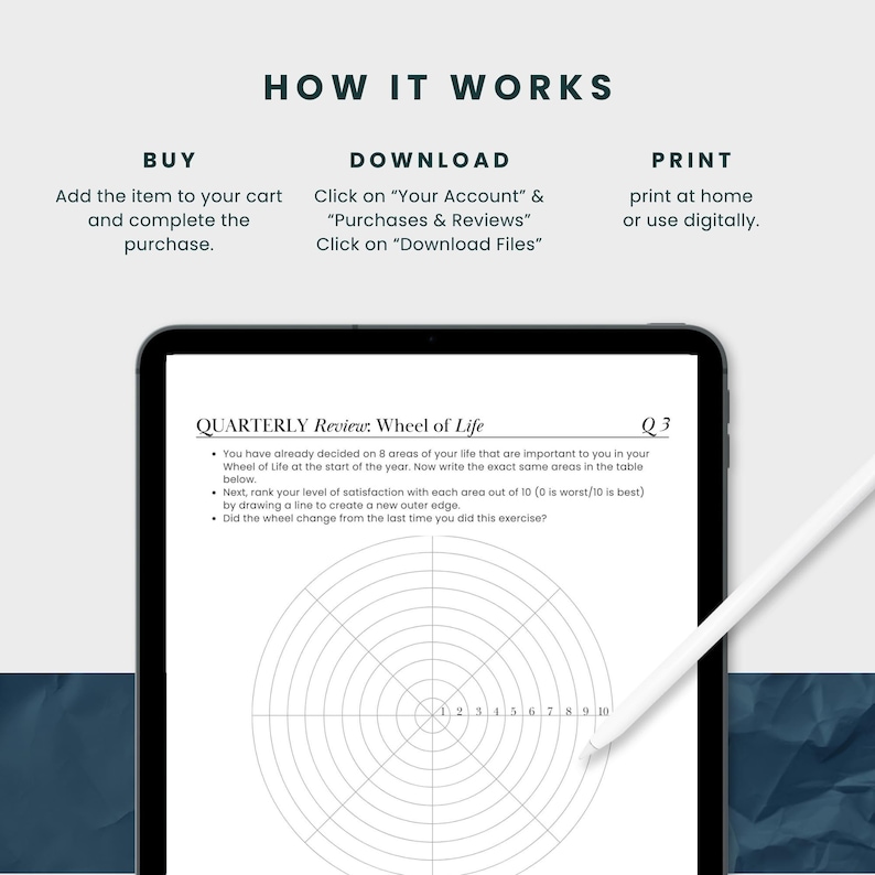 May include: A printable quarterly review wheel of life worksheet with a blank circle divided into eight sections. The worksheet includes instructions for ranking your level of satisfaction in each area of your life on a scale of 0 to 10.