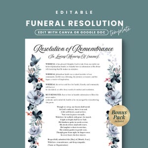 May include: A funeral resolution template with floral accents and the text "Resolution of Remembrance." The design includes a poem and space for personalization. The words "Bonus Pack included" are also visible.