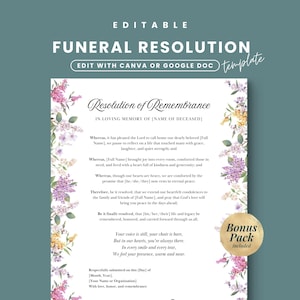 May include: A funeral resolution template with the words "Funeral Resolution" at the top. The template includes space for a name and a message of remembrance. Floral accents and a "Bonus Pack included" sticker are also present.
