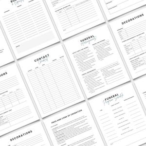 May include: A printable funeral planning checklist and schedule. The checklist includes sections for funeral arrangements, budget and expenses, decorations, and a contact list. The schedule includes sections for time, event or activity, and person responsible.