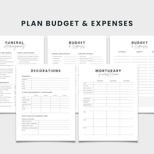 May include: A printable funeral planning checklist with sections for funeral arrangements, budget and expenses, decorations, and mortuary information. The checklist includes sections for funeral home services, cemetery expenses, and flower arrangements.
