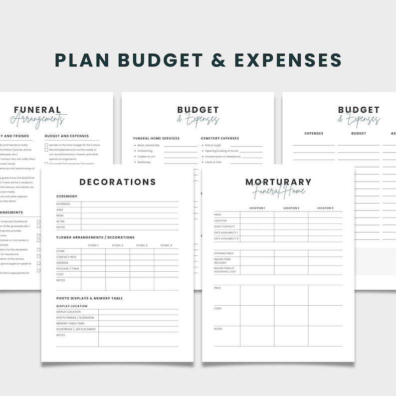 May include: A printable funeral planning checklist with sections for funeral arrangements, budget and expenses, decorations, and mortuary information. The checklist includes sections for funeral home services, cemetery expenses, and flower arrangements.