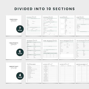 Puede incluir: Un conjunto de plantillas de documentos imprimibles para organizar informaci&oacute;n personal, de seguros y del hogar. Las plantillas incluyen secciones para detalles personales, informaci&oacute;n de hijos y registros de seguros. El texto "DIVIDED INTO 10 SECTIONS" est&aacute; en la parte superior.