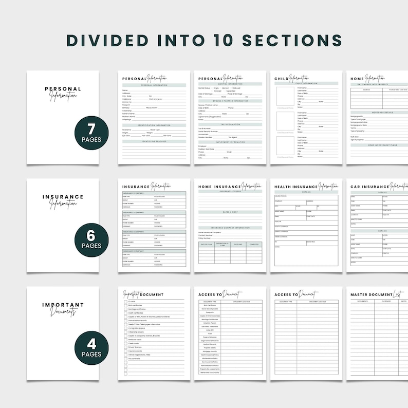 Puede incluir: Un conjunto de plantillas de documentos imprimibles para organizar informaci&oacute;n personal, de seguros y del hogar. Las plantillas incluyen secciones para detalles personales, informaci&oacute;n de hijos y registros de seguros. El texto "DIVIDED INTO 10 SECTIONS" est&aacute; en la parte superior.