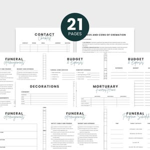 May include: A printable funeral planning checklist with 21 pages. The checklist includes sections for funeral arrangements, budget and expenses, funeral home services, cemetery expenses, and a mortuary funeral home.