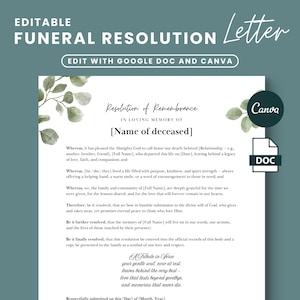 Carta de resolución de funeral, Resolución conmemorativa, En memoria amorosa, Plantilla de carta de servicio conmemorativo, Plantilla de funeral de iglesia, Carta de duelo