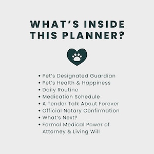 Puede incluir: Gr&aacute;fico de color turquesa con el texto "WHAT'S INSIDE THIS PLANNER?" y un icono de coraz&oacute;n con huella de pata. Debajo, vi&ntilde;etas enumeran contenidos como la salud de las mascotas, la rutina diaria y documentos legales.