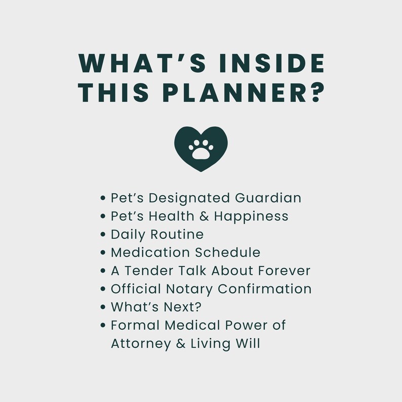 Puede incluir: Gr&aacute;fico de color turquesa con el texto "WHAT'S INSIDE THIS PLANNER?" y un icono de coraz&oacute;n con huella de pata. Debajo, vi&ntilde;etas enumeran contenidos como la salud de las mascotas, la rutina diaria y documentos legales.