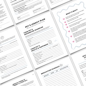 Puede incluir: Una colecci&oacute;n de documentos en papel blanco con texto negro, dise&ntilde;ados para due&ntilde;os de mascotas. Los documentos incluyen secciones para la planificaci&oacute;n del legado de mascotas, informaci&oacute;n de salud y horarios de medicamentos. El texto incluye "Pet's Legacy Plan" y "What's Next?"