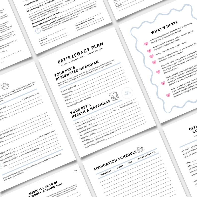 Puede incluir: Una colecci&oacute;n de documentos en papel blanco con texto negro, dise&ntilde;ados para due&ntilde;os de mascotas. Los documentos incluyen secciones para la planificaci&oacute;n del legado de mascotas, informaci&oacute;n de salud y horarios de medicamentos. El texto incluye "Pet's Legacy Plan" y "What's Next?"
