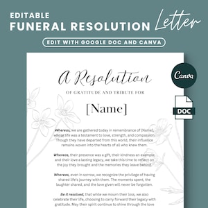Carta de resolución de funeral, resolución conmemorativa, en memoria amorosa, plantilla de carta de servicio conmemorativo, plantilla de funeral de la iglesia, poema fúnebre