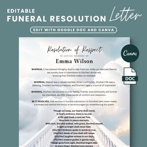 Carta de resolución de funeral, resolución conmemorativa, en memoria amorosa, plantilla de carta de servicio conmemorativo, plantilla de funeral de la iglesia, poema fúnebre