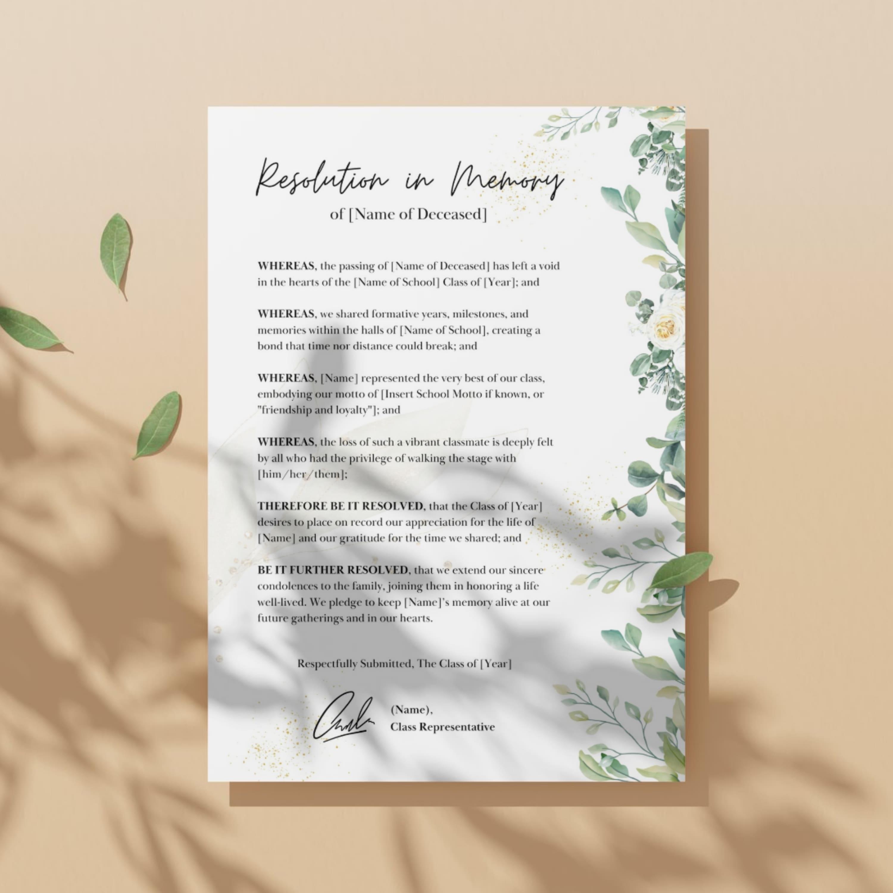 Funeral Resolutions for Classmates, Memorial Resolution, in Loving ...