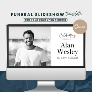 May include: A black and white photo of a man on a beach is displayed on a computer screen. The text "Celebrating the life of Alan Wesley May 11, 1977 - Feb 20, 2025" is on the screen.