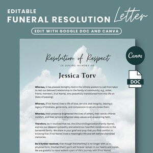Carta de resolución de funeral, resolución conmemorativa, en memoria amorosa, plantilla de carta de servicio conmemorativo, plantilla de funeral de la iglesia, poema fúnebre