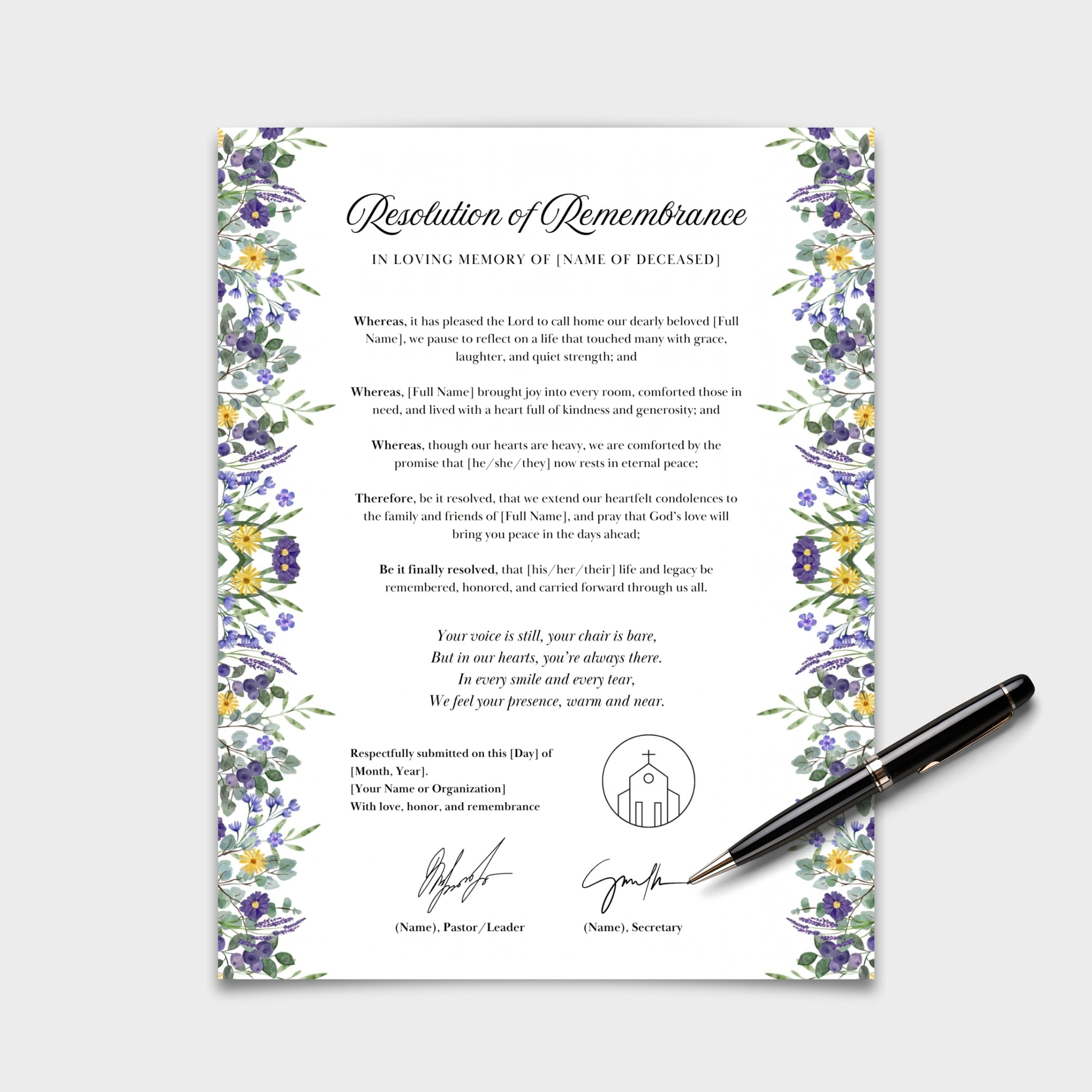 Funeral Resolutions for Black Churches, Memorial Resolution, in Loving ...