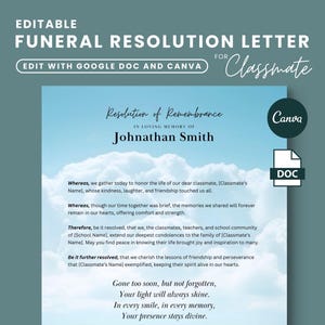 Carta de resolución de funeral para un compañero de clase, resolución conmemorativa para un amigo, en memoria amorosa, plantilla de carta de servicio conmemorativo, poema fúnebre