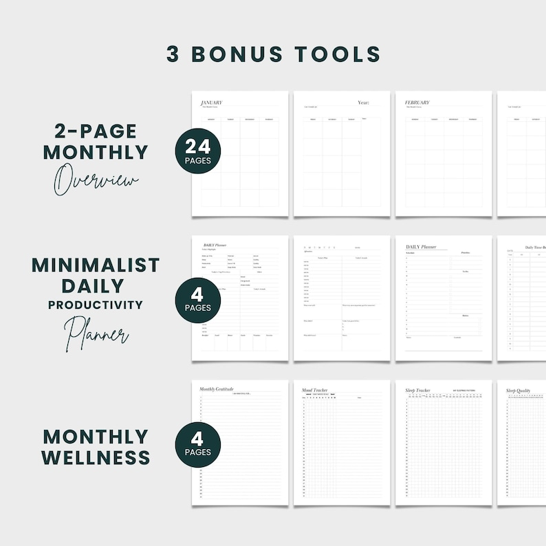 May include: A digital planner with three bonus tools: a 2-page monthly overview, a minimalist daily productivity planner, and a monthly wellness planner. The planner includes 24 pages for the monthly overview, 4 pages for the daily planner, and 4 pages for the wellness planner.