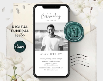 Digitale begrafenisuitnodiging, begrafenisuitnodiging sjabloon, viering van het leven uitnodiging digitaal, Memorial Evite, elektronische begrafenisaankondiging, F003