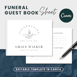 May include: A black and white printable funeral guest book template with a minimalist design. The cover features a hand holding a candle with the text "Celebrating the Life of Grace Walker" and dates January 20, 1975 - April 11, 2023. The template is editable in Canva.