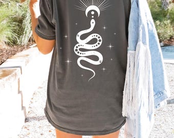 Mystic Snake and Moon T-Shirt: Boho Celestial Graphic Tee