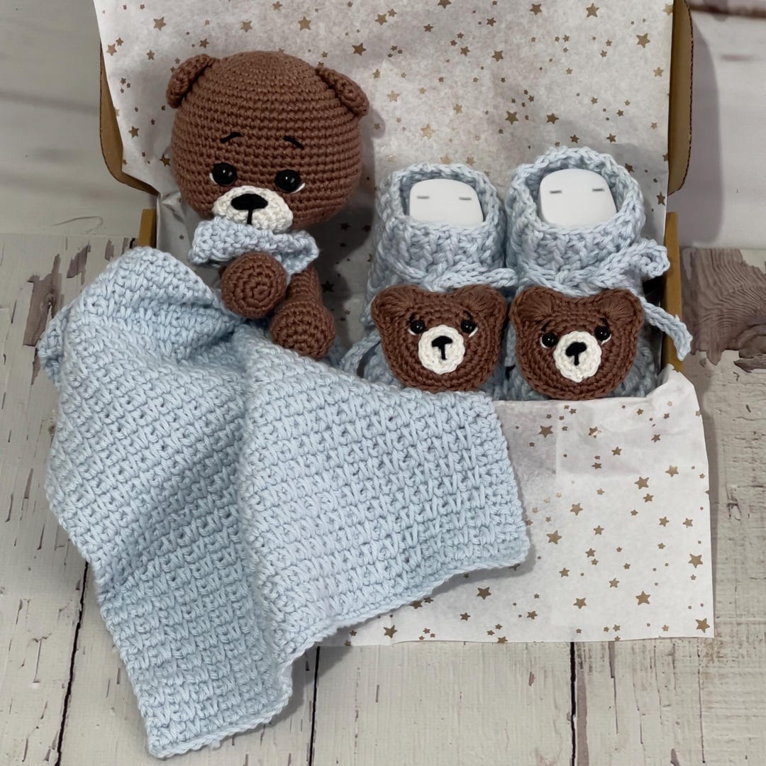 Crochet Teddy Bear Baby Gift Set – Lovey Blanket & Booties (0-3 Months ...