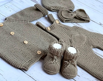 Handknit Cotton Newborn Outfit Set: Cardigan, Romper, Booties, Hat