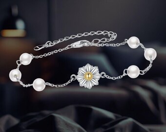 Braccialetto a margherita Braccialetto a fiore in argento sterling 925 Gioielli di perle per donna