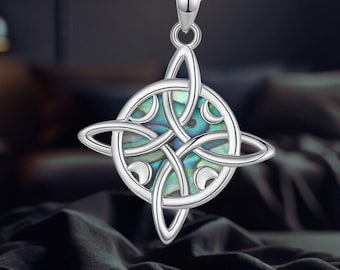 Collar con nudo de bruja, colgante de abulón en plata de ley, joyería celta de la trinidad para mujeres y hombres